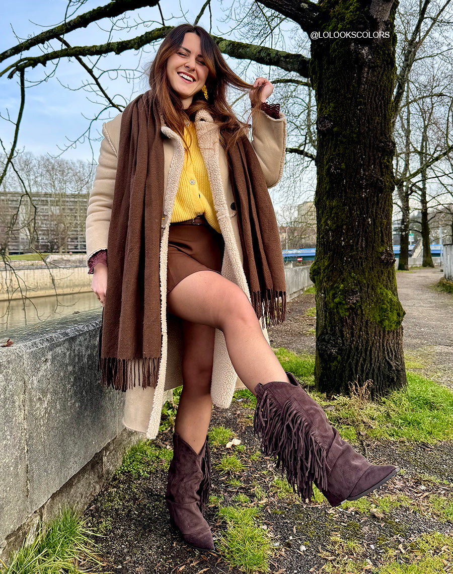 Santiags femme marron à franges en suédine avec talon haut et bout pointu tendance