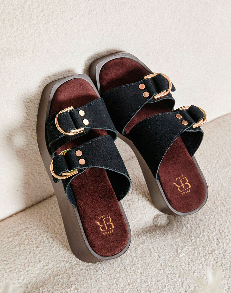 Mules noires à plateforme compensée et double brides en suédine