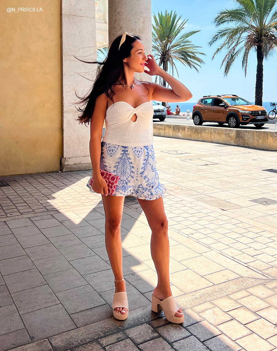 Mules femme à talon haut et plateforme en tissu beige tressé