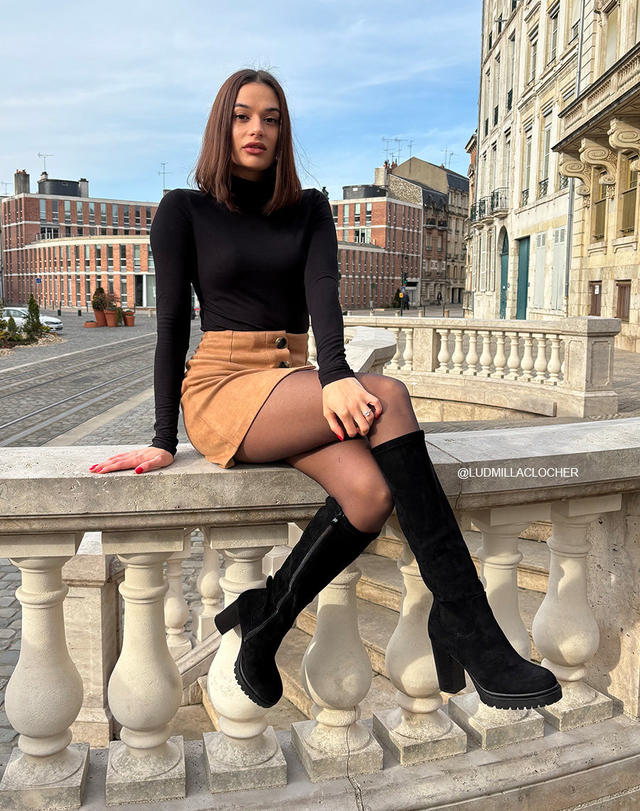 Bottes femme en suédine noires avec talon haut épais et semelle crantée