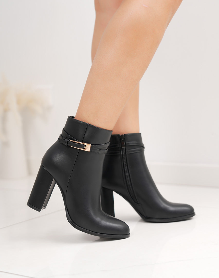 Bottines femme noires à talon carré 9cm élégantes avec lanière dorée et bout pointu