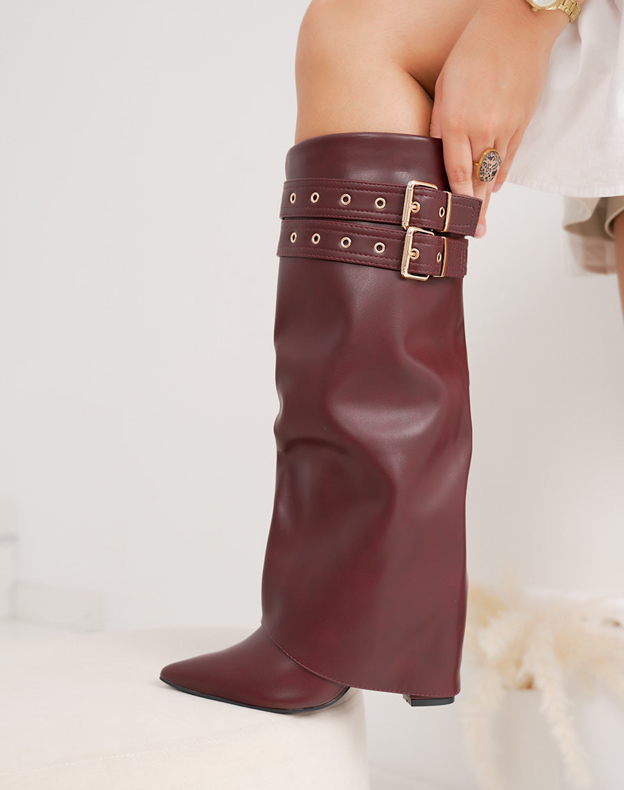 Bottes femme bordeaux à revers avec double lanière dorée et talon haut 9cm