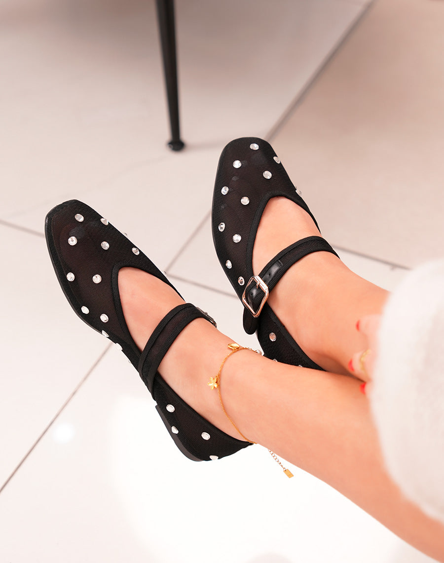 Ballerines femme noires transparentes avec strass et sangle argentée ajustable