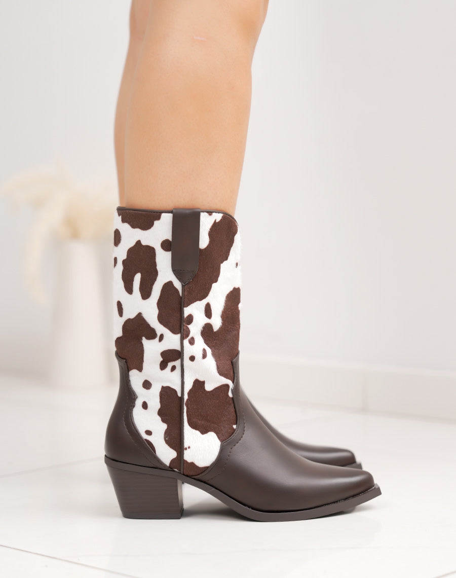 Bottines santiags femme marron à motif vachette tendance