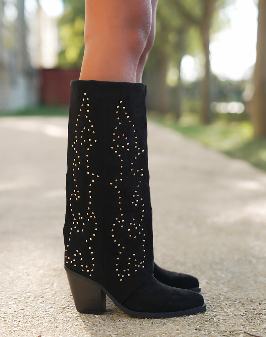 Bottes femme noires style santiags en suédine avec brillants dorés