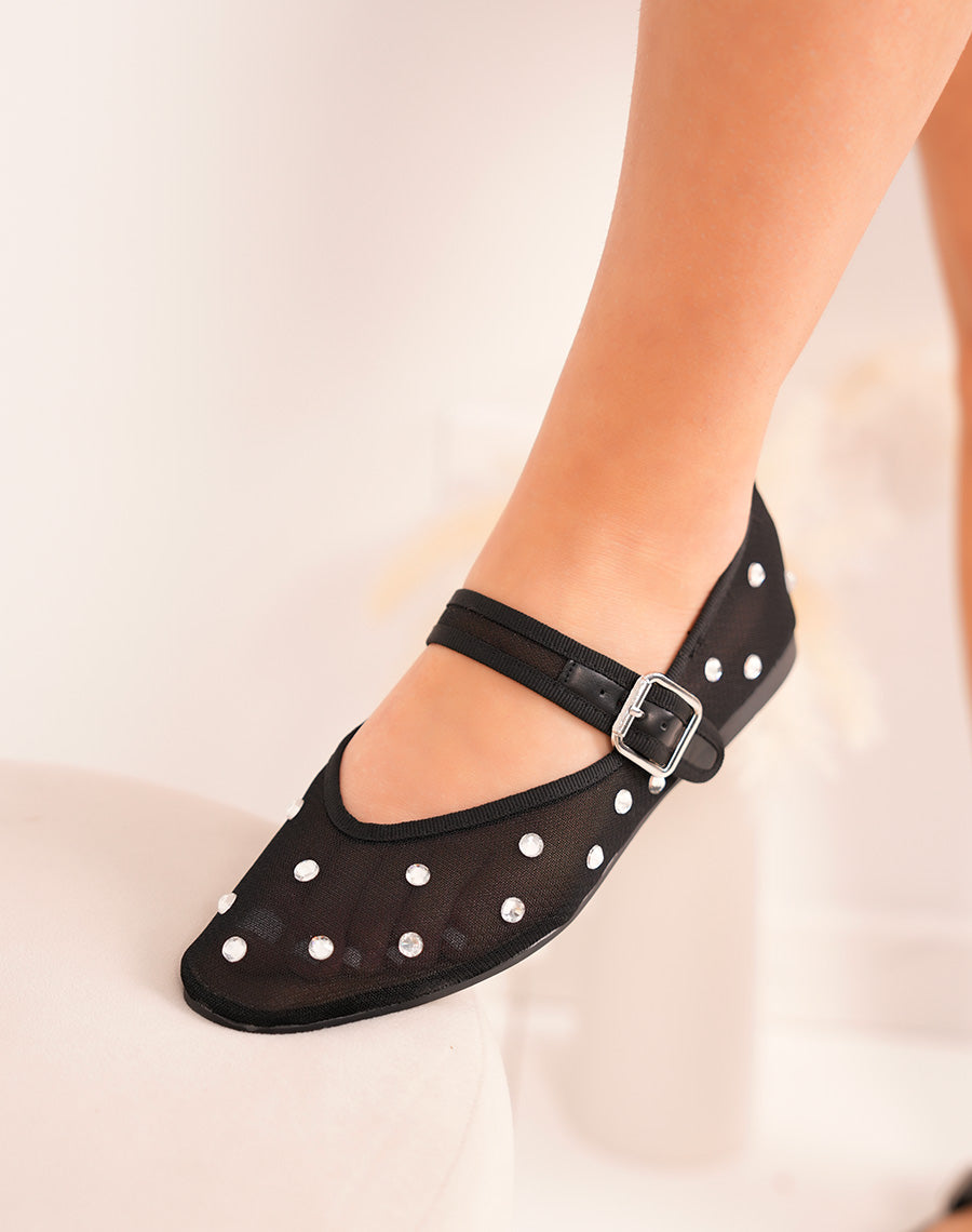 Ballerines femme noires transparentes avec strass et sangle argentée ajustable
