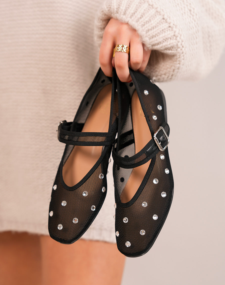 Ballerines femme noires transparentes avec strass et sangle argentée ajustable