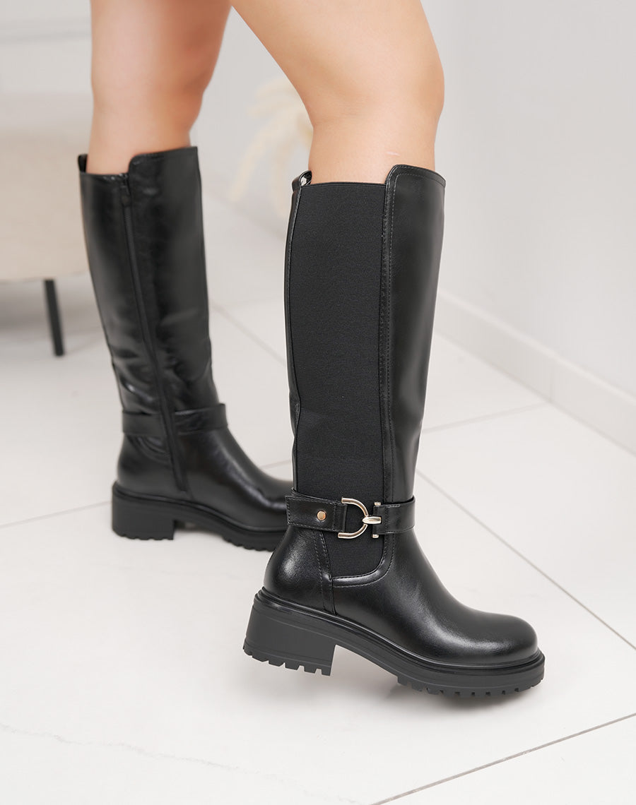 Bottes femme noires style chevalière avec bande élastique et bijou doré