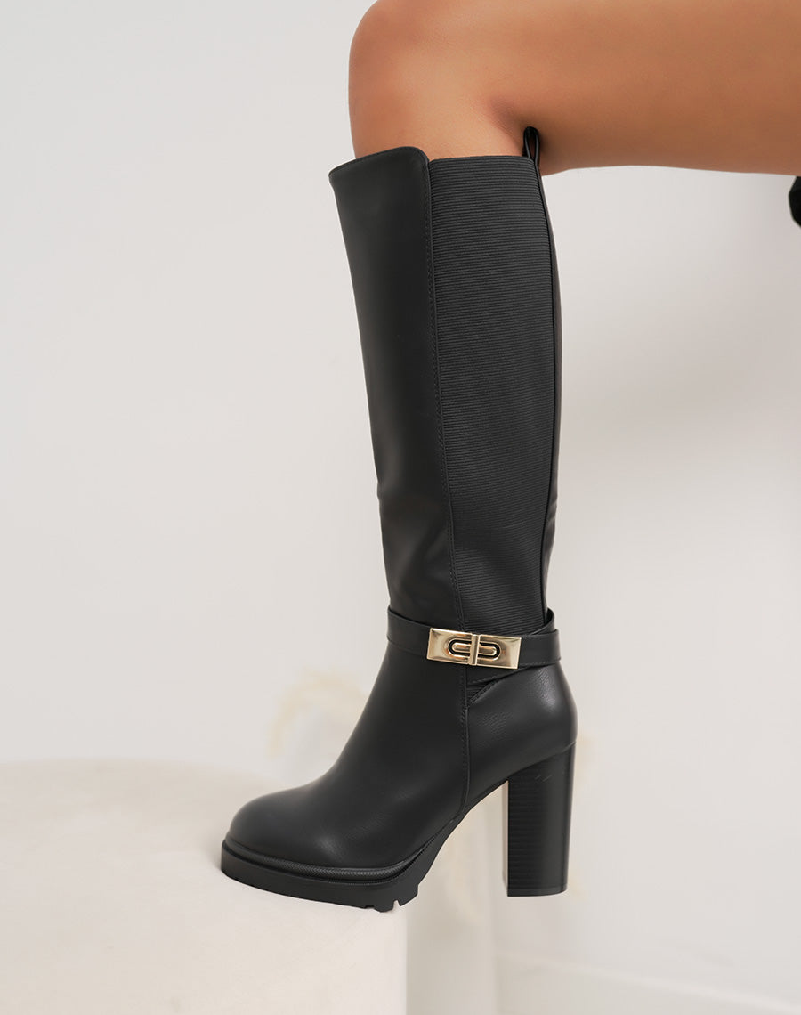 Bottes femme noires tendance à talon haut épais, semelle crantée et boucle dorée