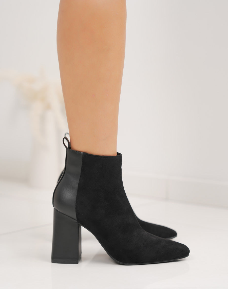 Bottines femme noires élégantes bi-matière à talon haut épais et bout pointu