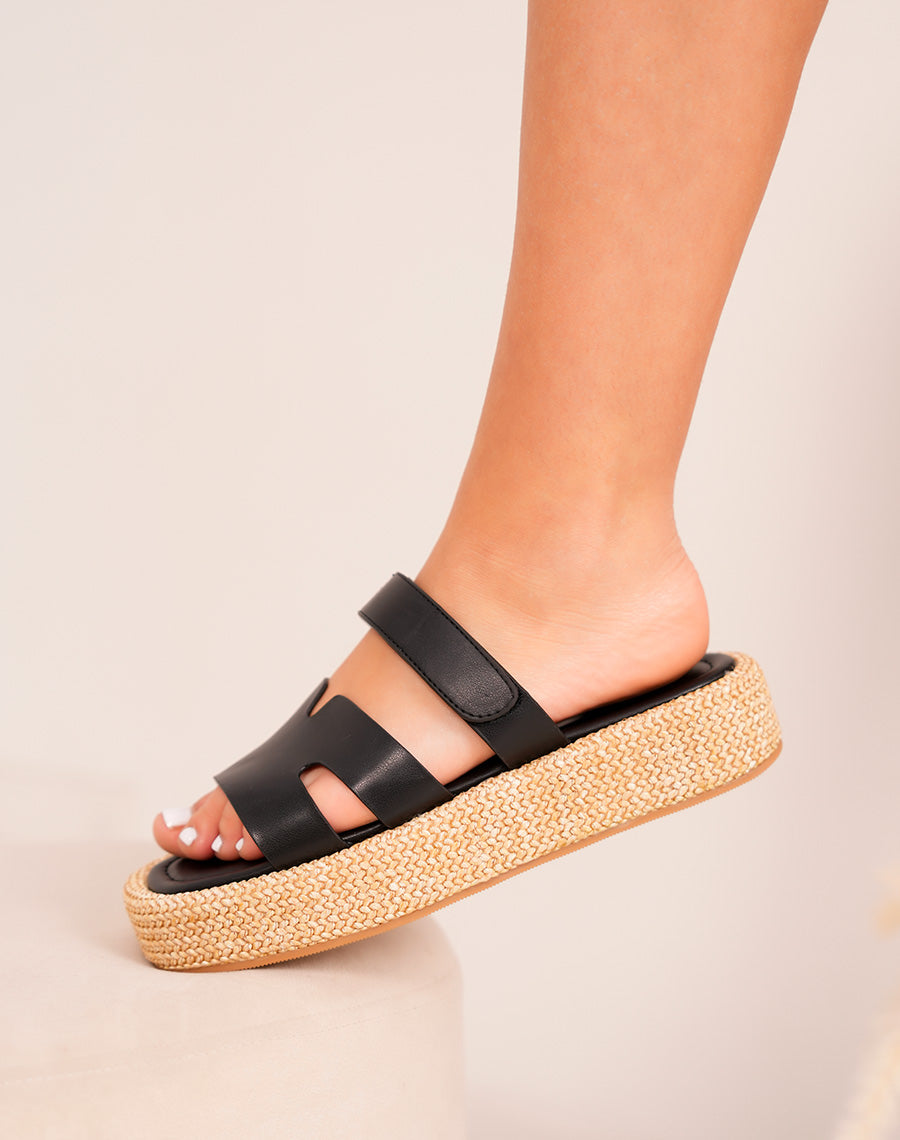 Black Women's Women's Mulas in H and thick embroidered platform
