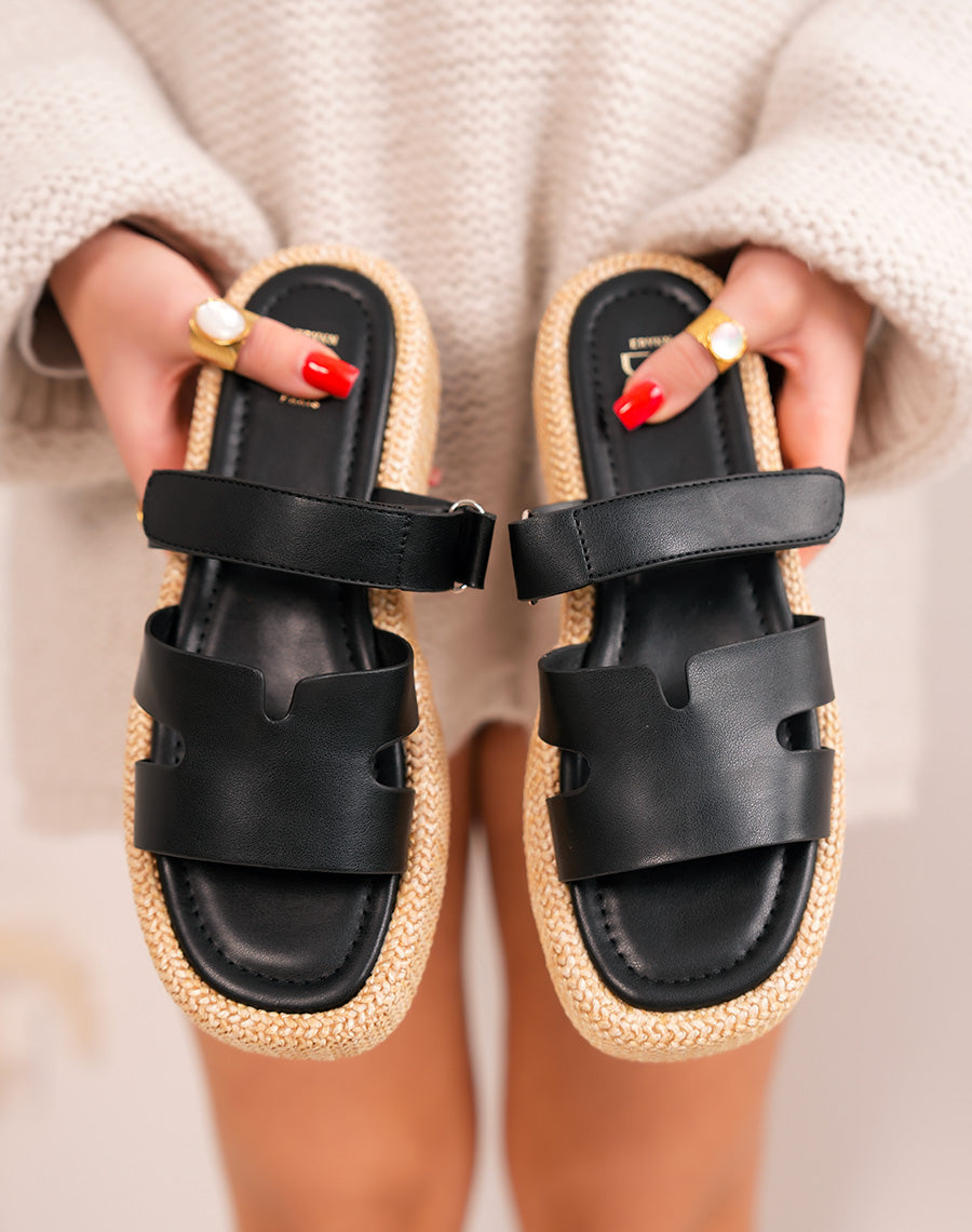 Black Women's Women's Mulas in H and thick embroidered platform