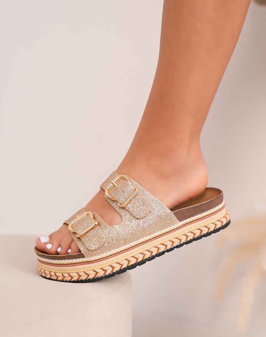 Mules femme dorées pailletées tendance avec plateforme tissée et boucles décoratives