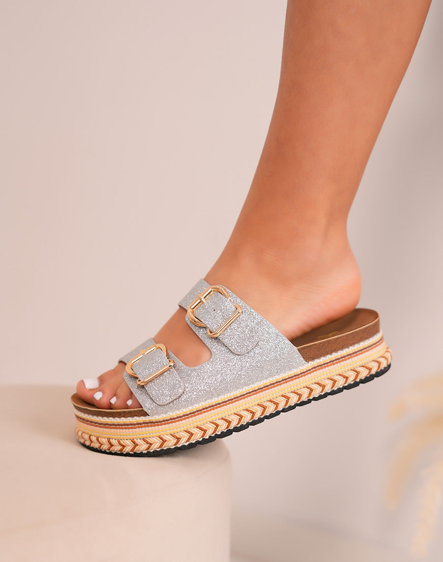 Trendy Silver Silver Women's Women's Women with Woven platform and golden curls