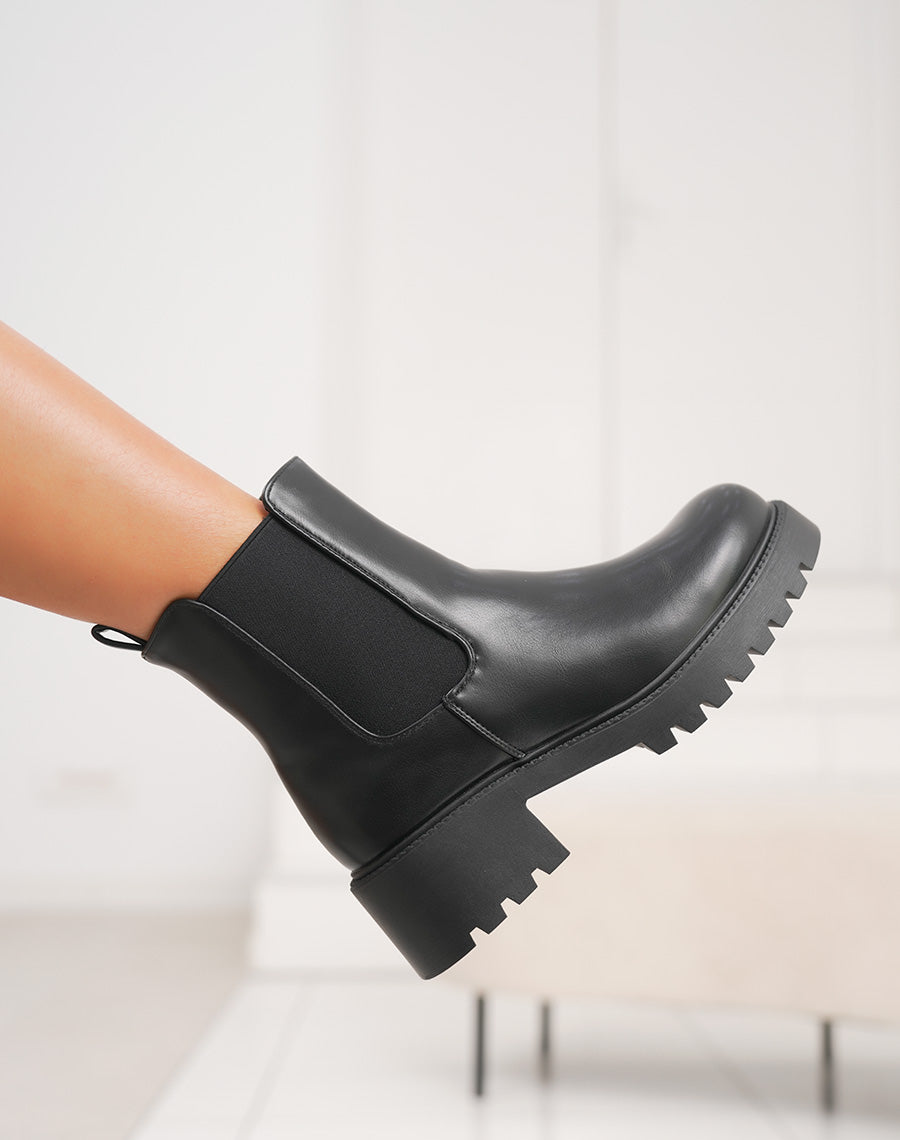 Bottines noires Chelsea fourrées à talon carré – Tige amovible avec lanières argentées