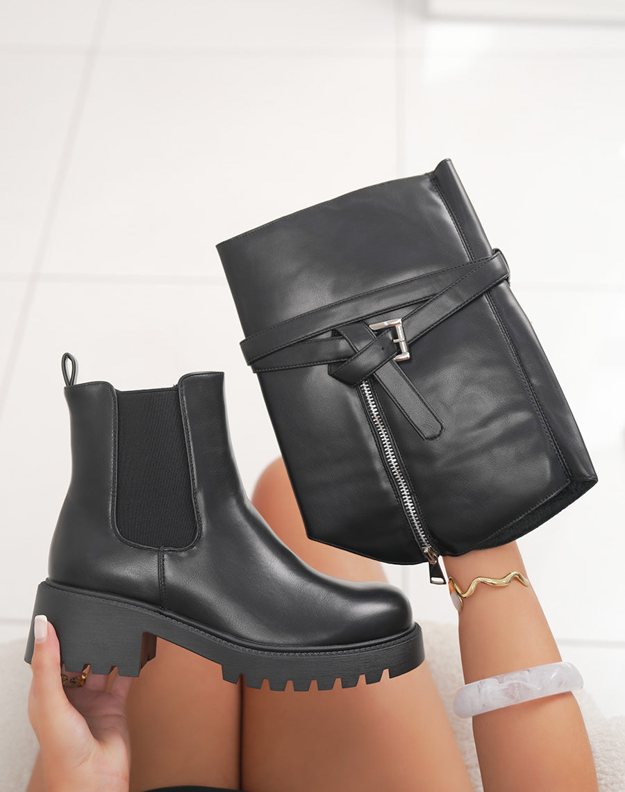Bottines noires Chelsea fourrées à talon carré – Tige amovible avec lanières argentées