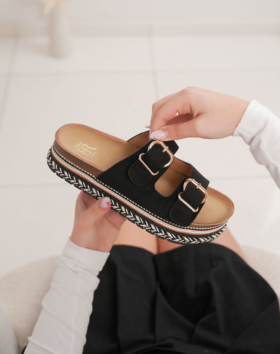 Mules femme noires tendance à plateforme tressée avec doubles boucles dorées