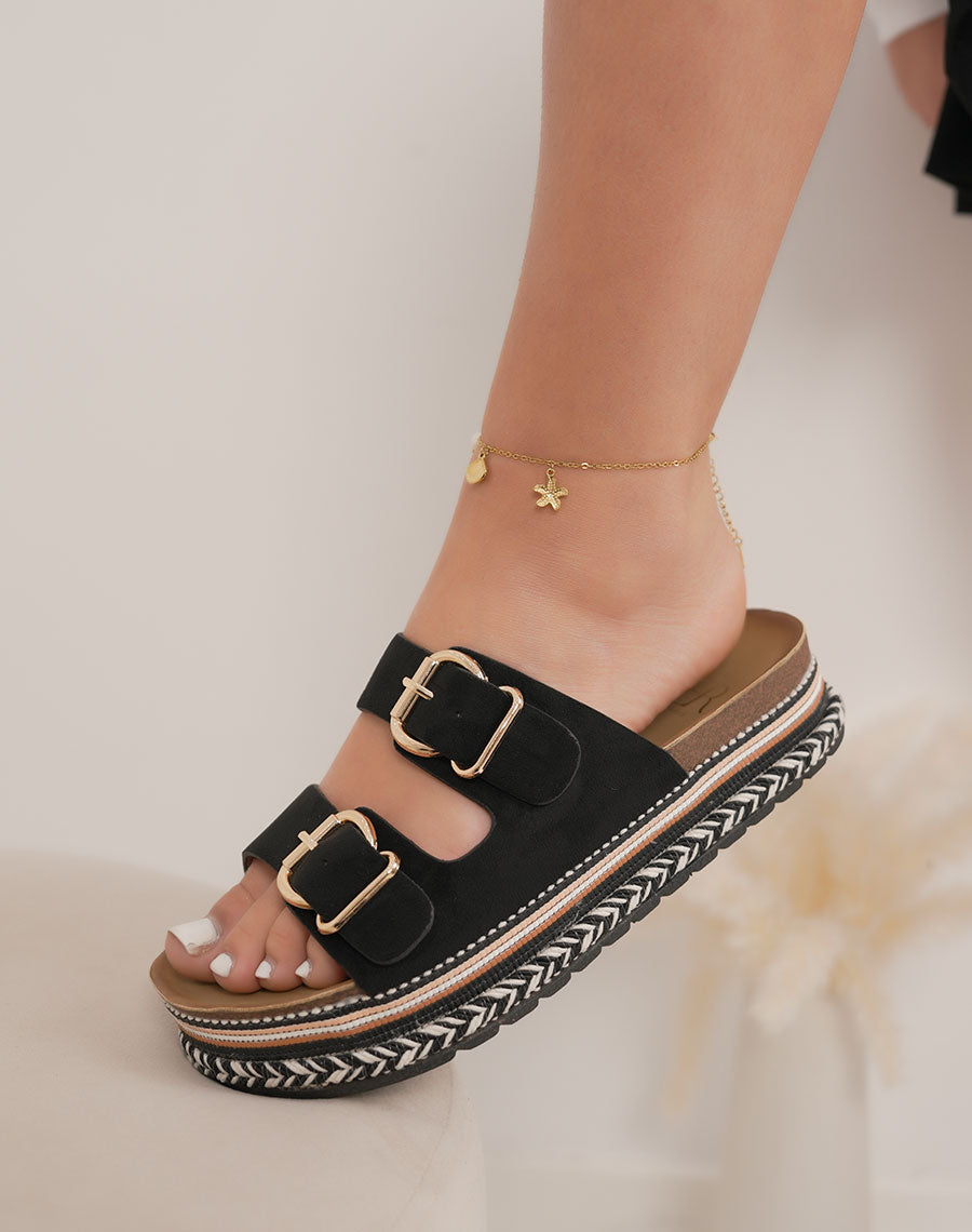 Mules femme noires tendance à plateforme tressée avec doubles boucles dorées