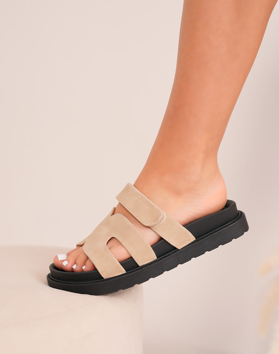 Mules femme taupe à bride en H avec scratch ajustable et plateforme épaisse