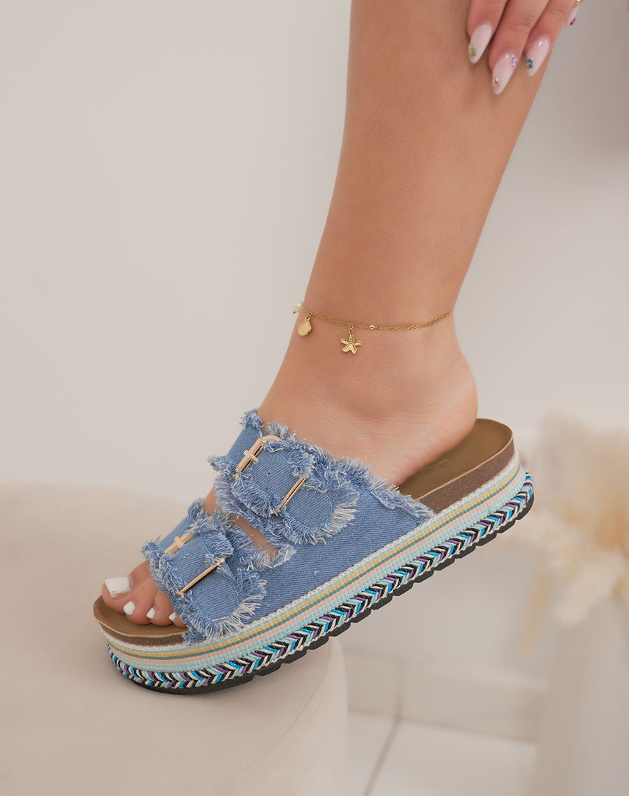 Mules femme bleu clair tendance en jean avec double bride et plateforme tressée