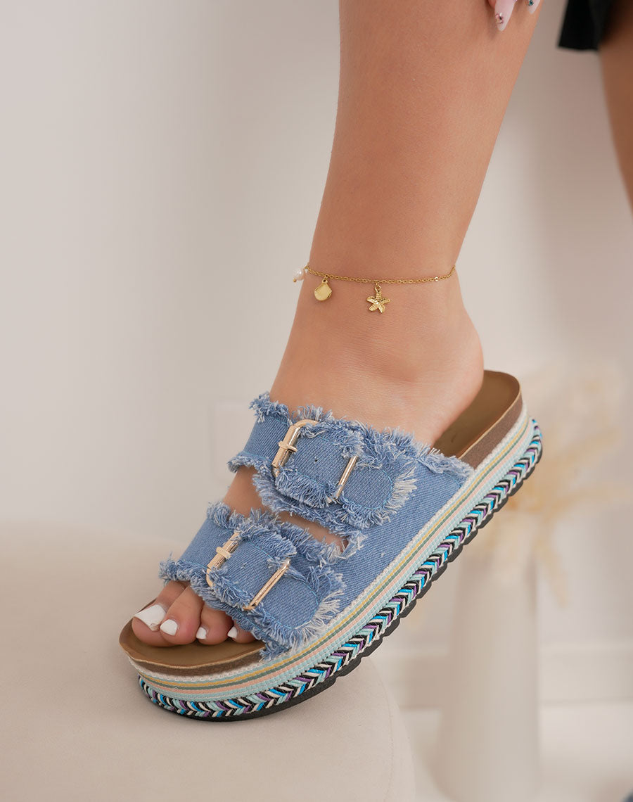 Mules femme bleu clair tendance en jean avec double bride et plateforme tressée