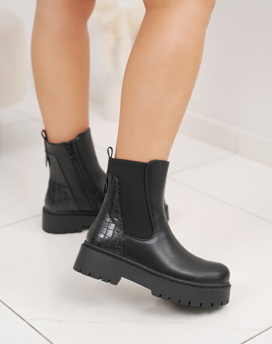 Bottines chelsea noires à effet croco et semelle plateforme
