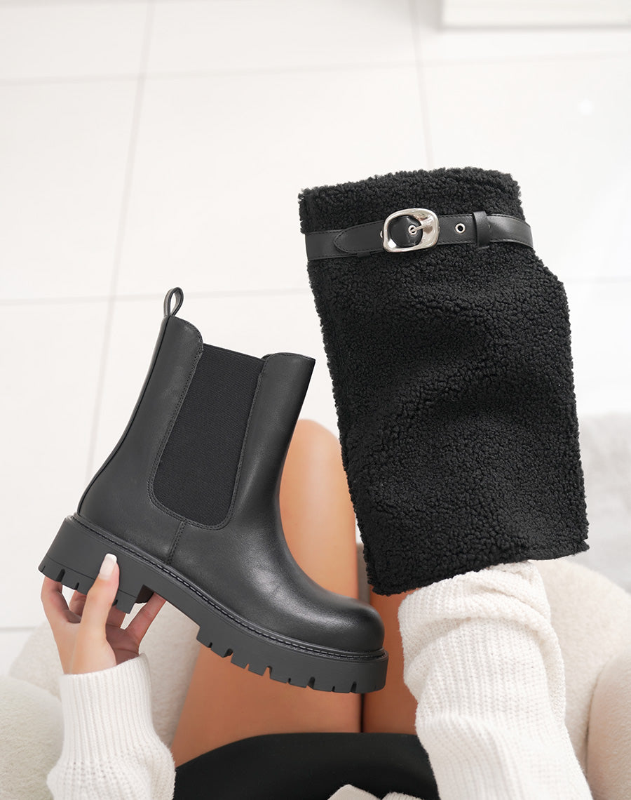 Bottines femme noires tendance à semelle crantée avec tige moumoute amovible