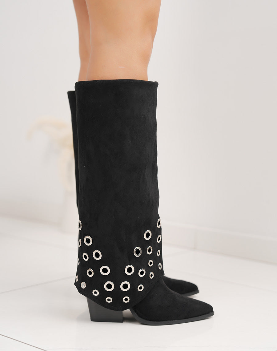 Bottes femme noires élégantes en suédine à talon biseauté avec détails argentés