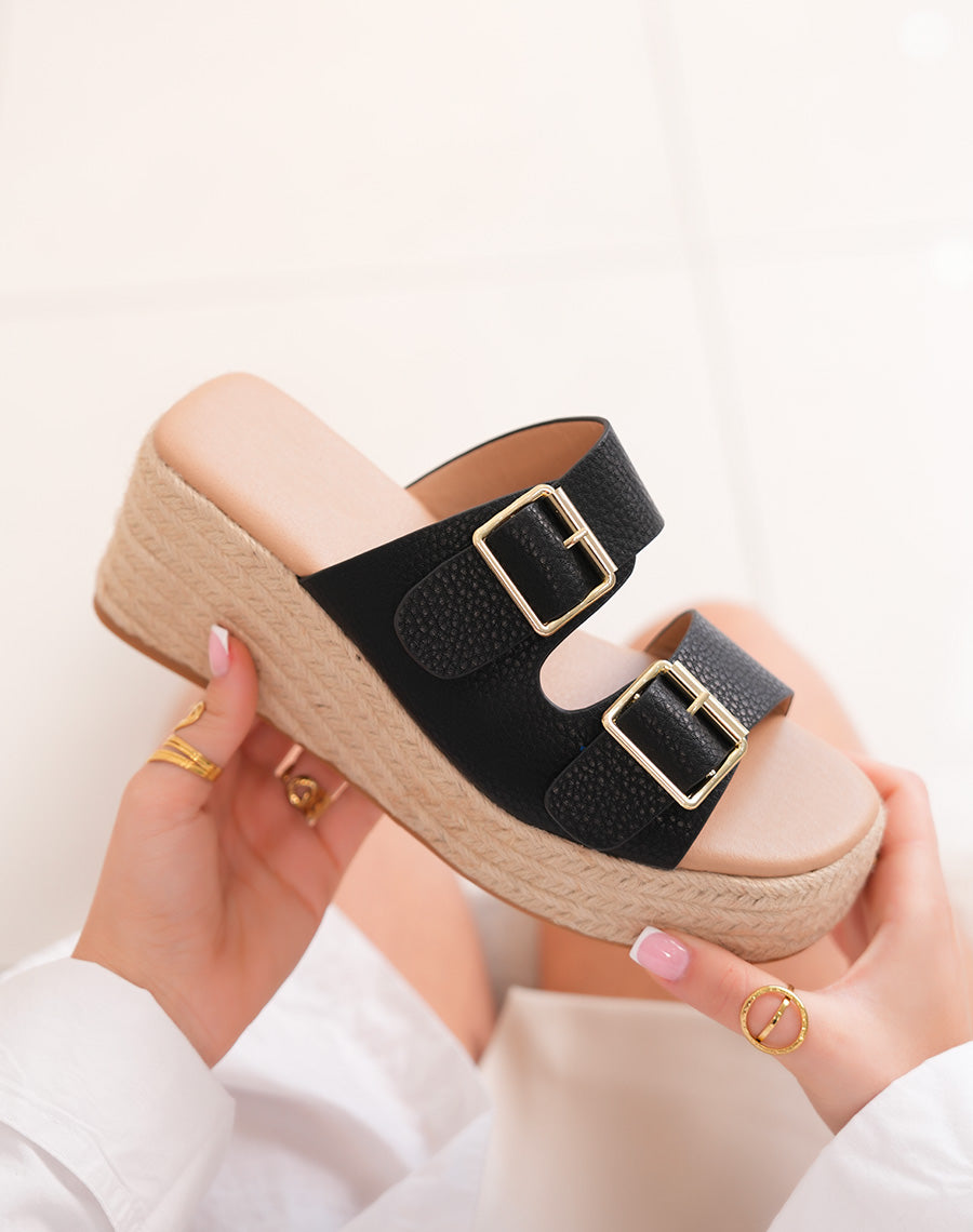 Mules FINDLAY femme noires à brides effet grainé et talon compensé brodé