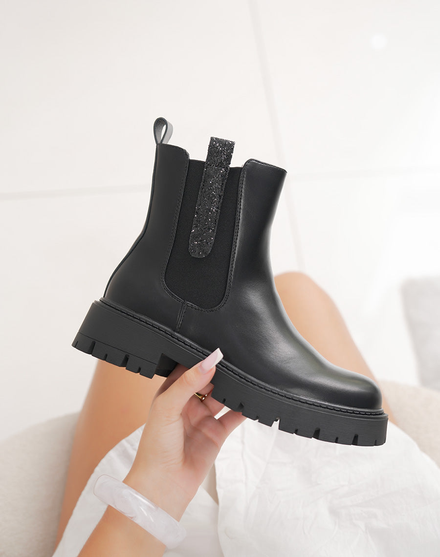 Bottines femme noires tendance style Chelsea avec paillettes et semelle crantée