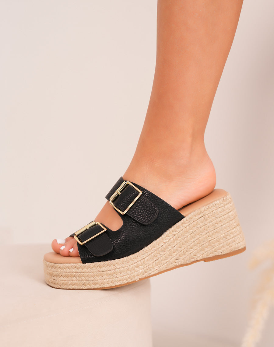 Mules FINDLAY femme noires à brides effet grainé et talon compensé brodé