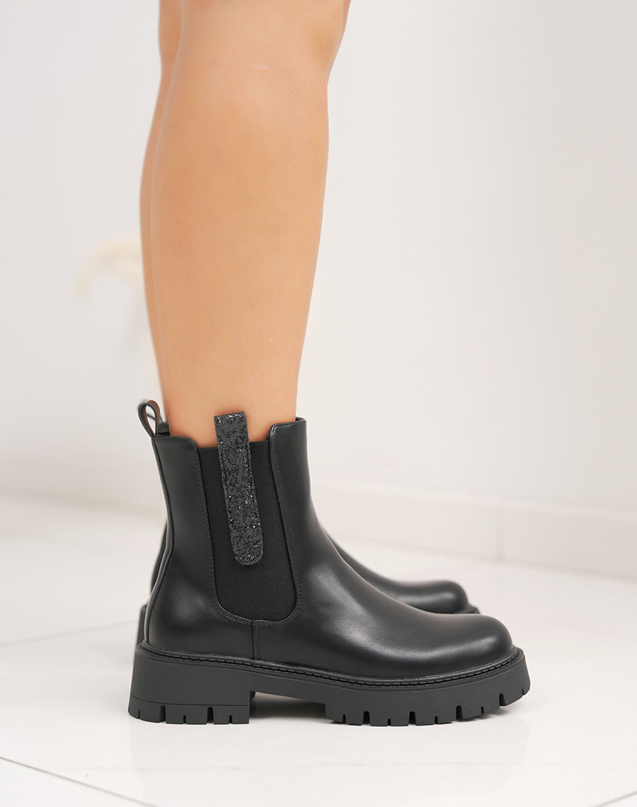 Bottines femme noires tendance style Chelsea avec paillettes et semelle crantée