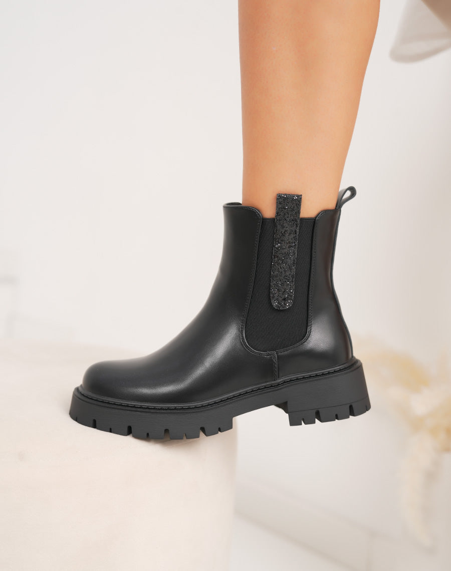Bottines femme noires tendance style Chelsea avec paillettes et semelle crantée