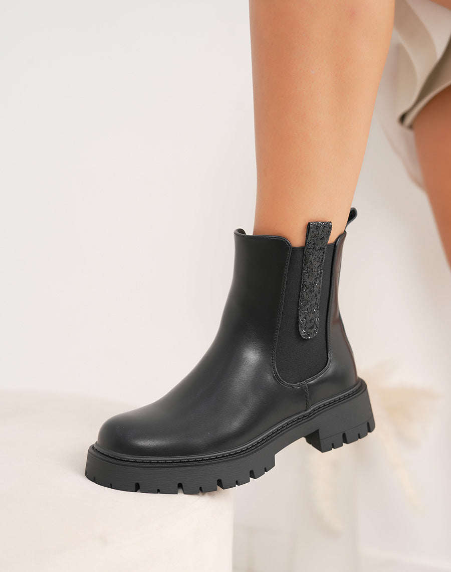 Bottines femme noires tendance style Chelsea avec paillettes et semelle crantée