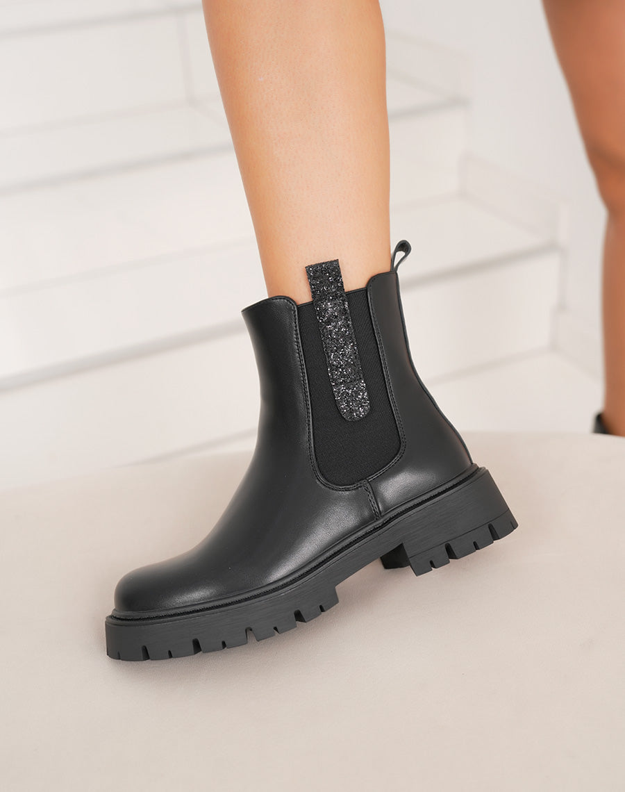 Bottines femme noires tendance style Chelsea avec paillettes et semelle crantée