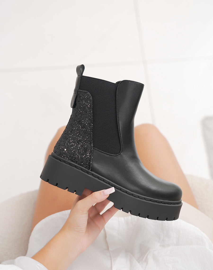 Bottines femme noires tendance style Chelsea avec paillettes arrière et semelle crantée