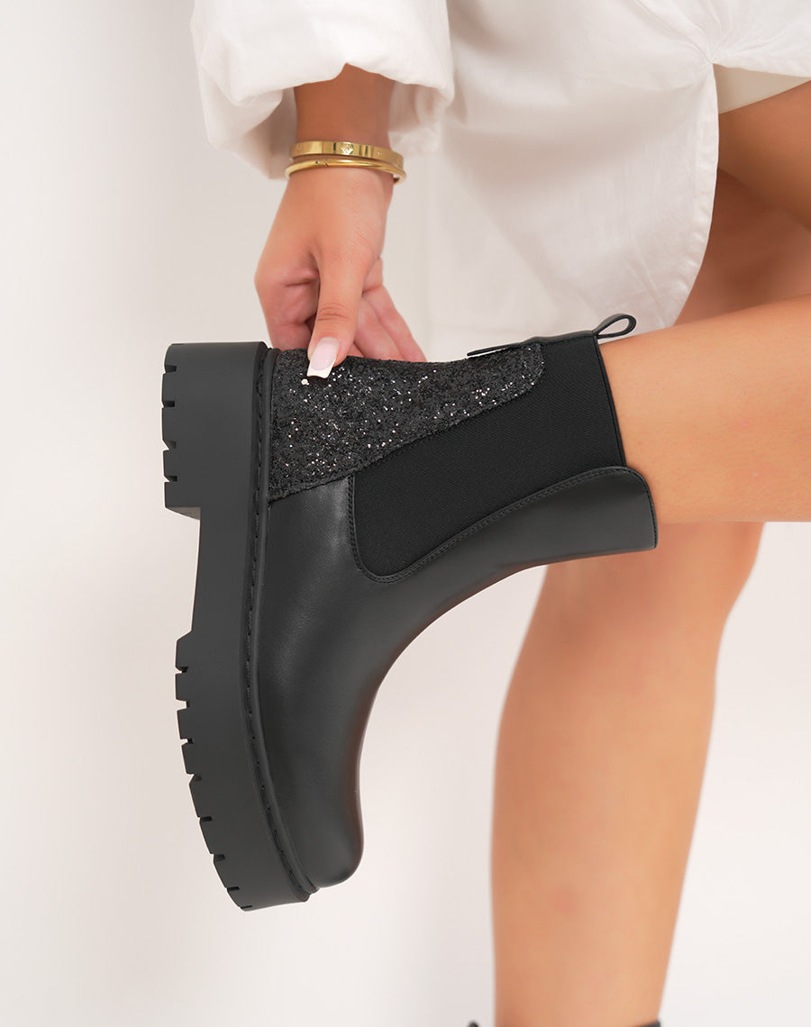 Bottines femme noires tendance style Chelsea avec paillettes arrière et semelle crantée