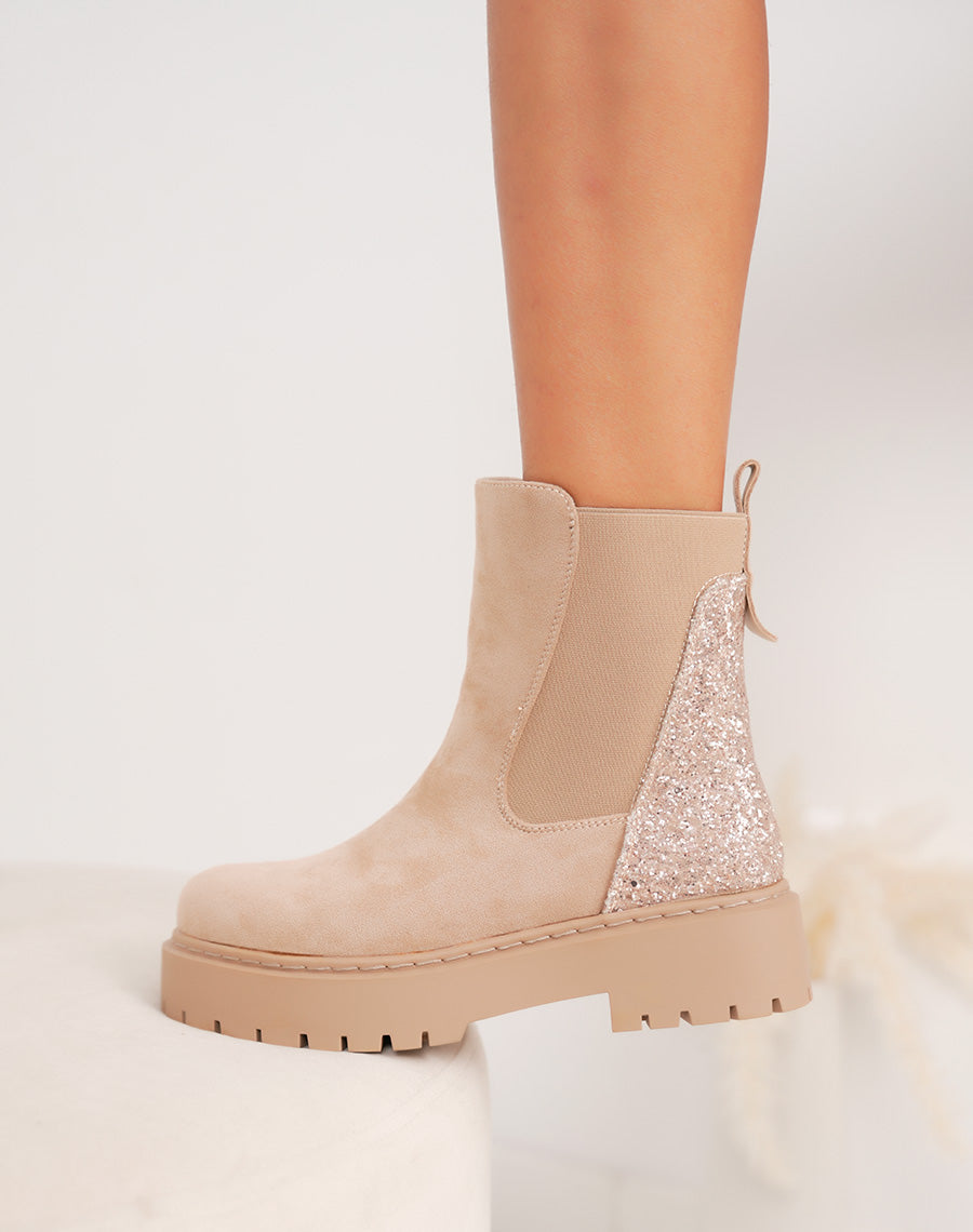 Bottines femme beiges tendance style Chelsea en suédine avec paillettes