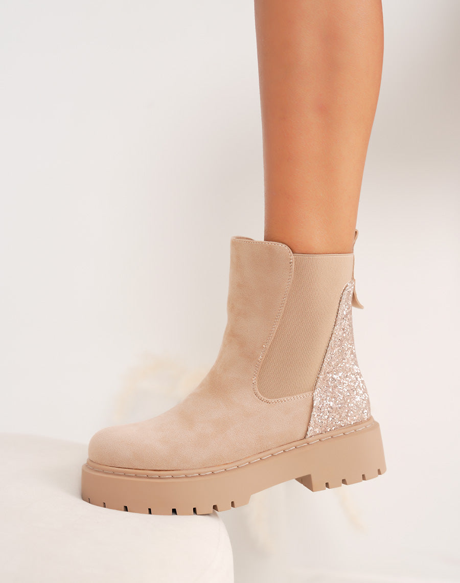 Bottines femme beiges tendance style Chelsea en suédine avec paillettes