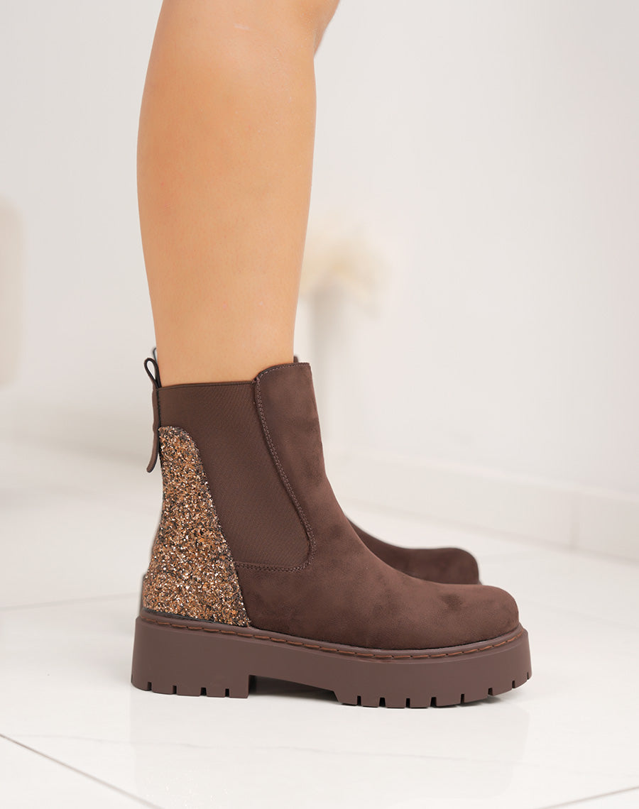 Bottines femme marron en suédine style Chelsea avec paillettes cuivrées et semelle plateforme