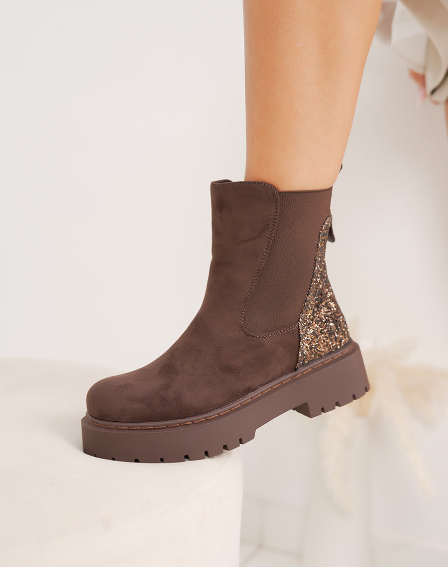 Bottines femme marron en suédine style Chelsea avec paillettes cuivrées et semelle plateforme