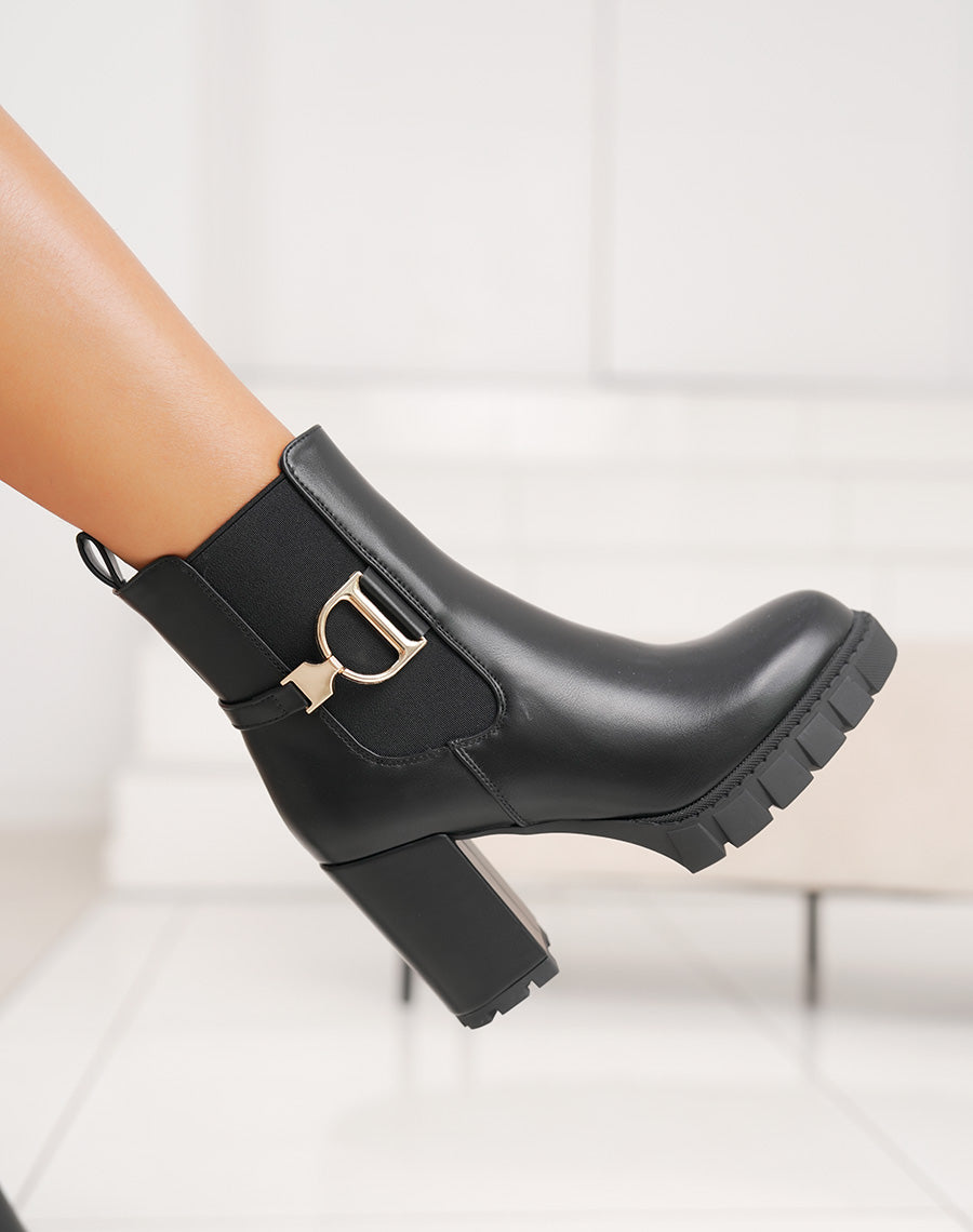 Bottines femme noires style Chelsea à talons hauts avec détail doré et semelle crantée