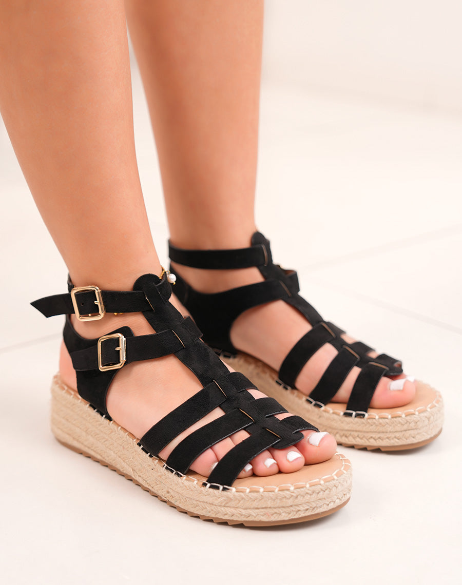 Sandales compensées FINDLAY femme noires en suédine à lanières et semelle corde