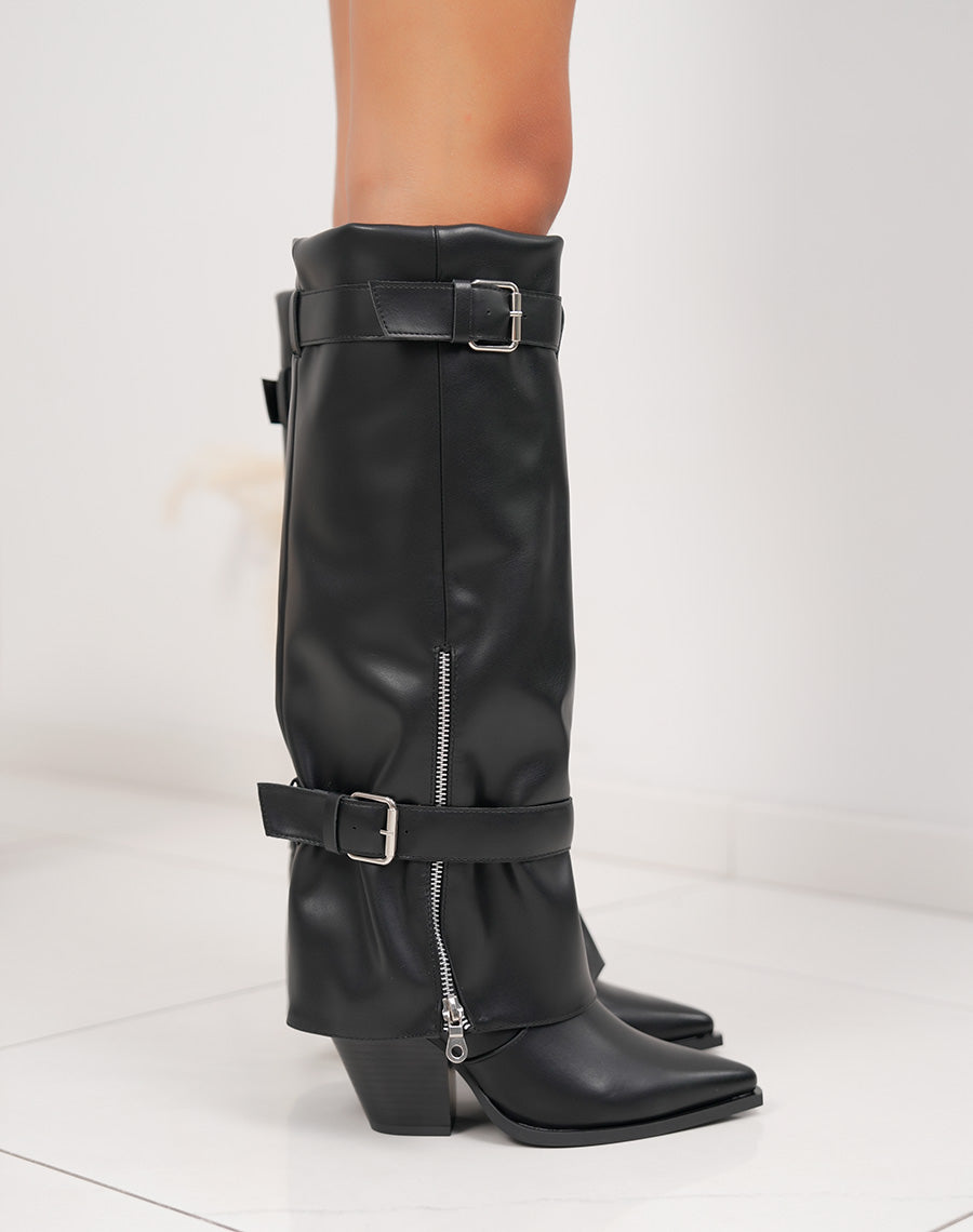 Bottes noires à talon biseauté, bout pointu et détails zippés