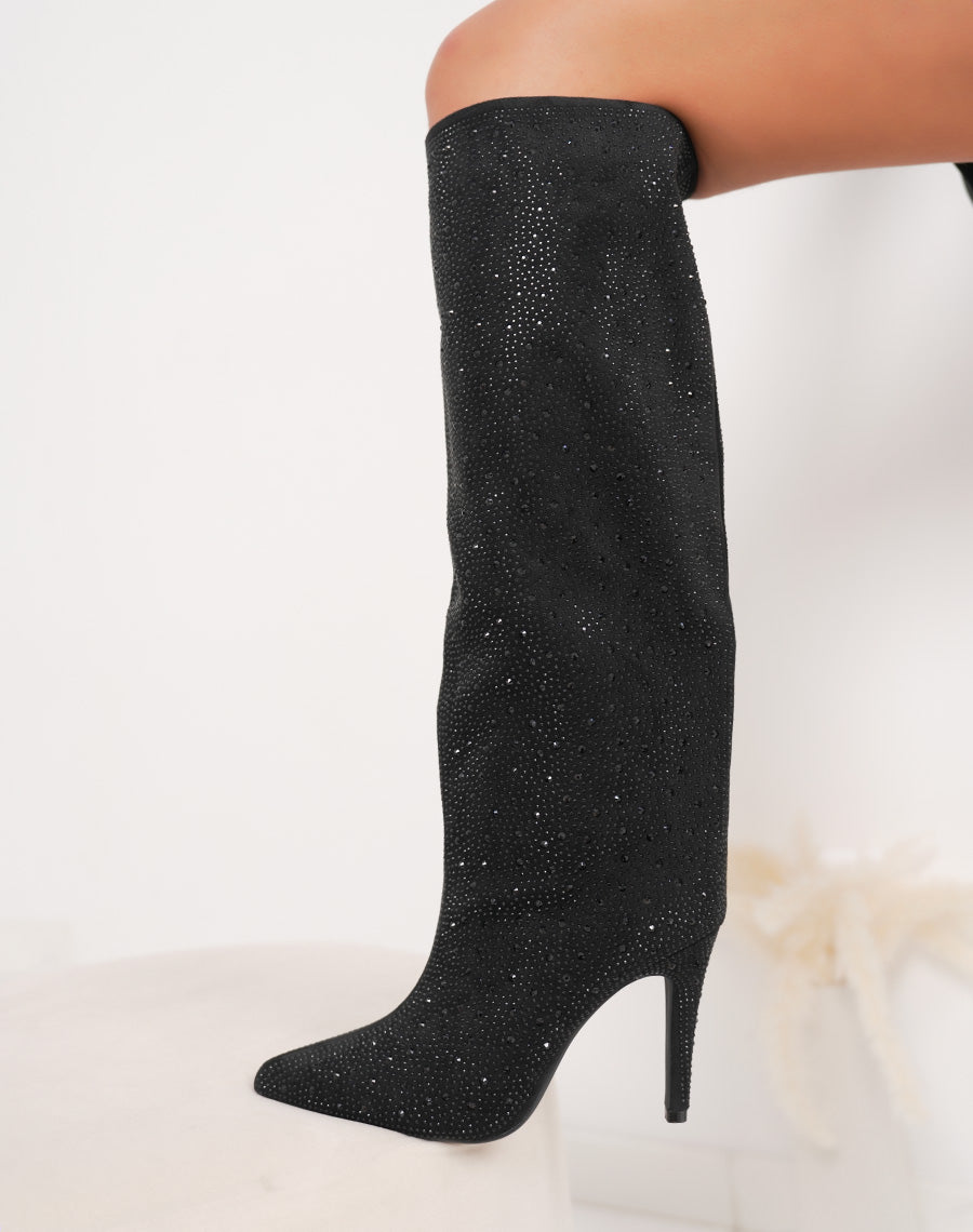 Bottes noires à strass – Talon aiguille & glamour assuré
