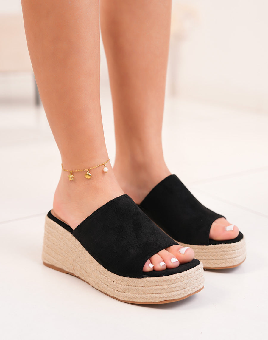 Mules FINDLAY femme en suédine noire à talon compensé brodé