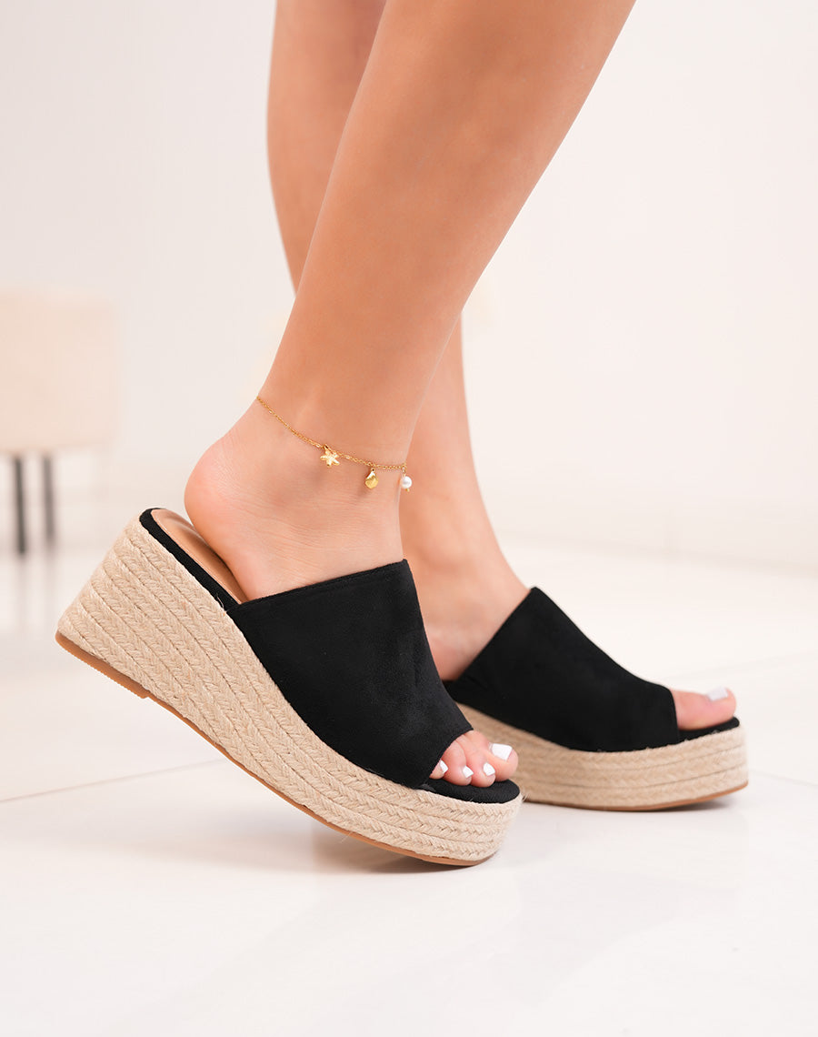 Mules FINDLAY femme en suédine noire à talon compensé brodé