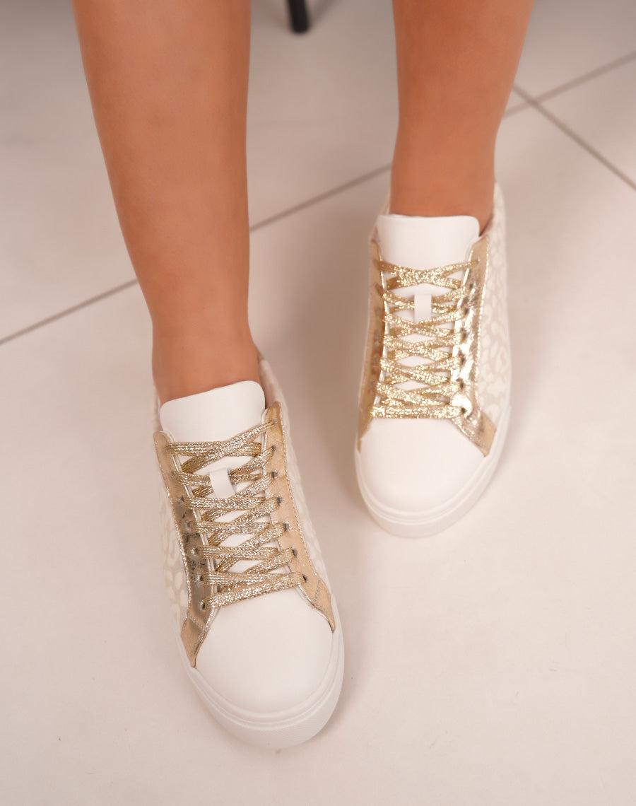 Women's sneakers FINDLAY White with leopard panels and glitter golden details