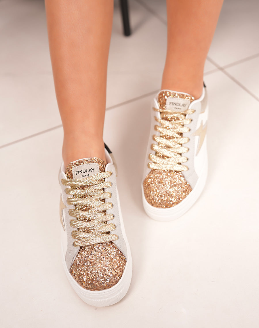 Baskets femme FINDLAY blanches avec éclair doré et détails pailletés
