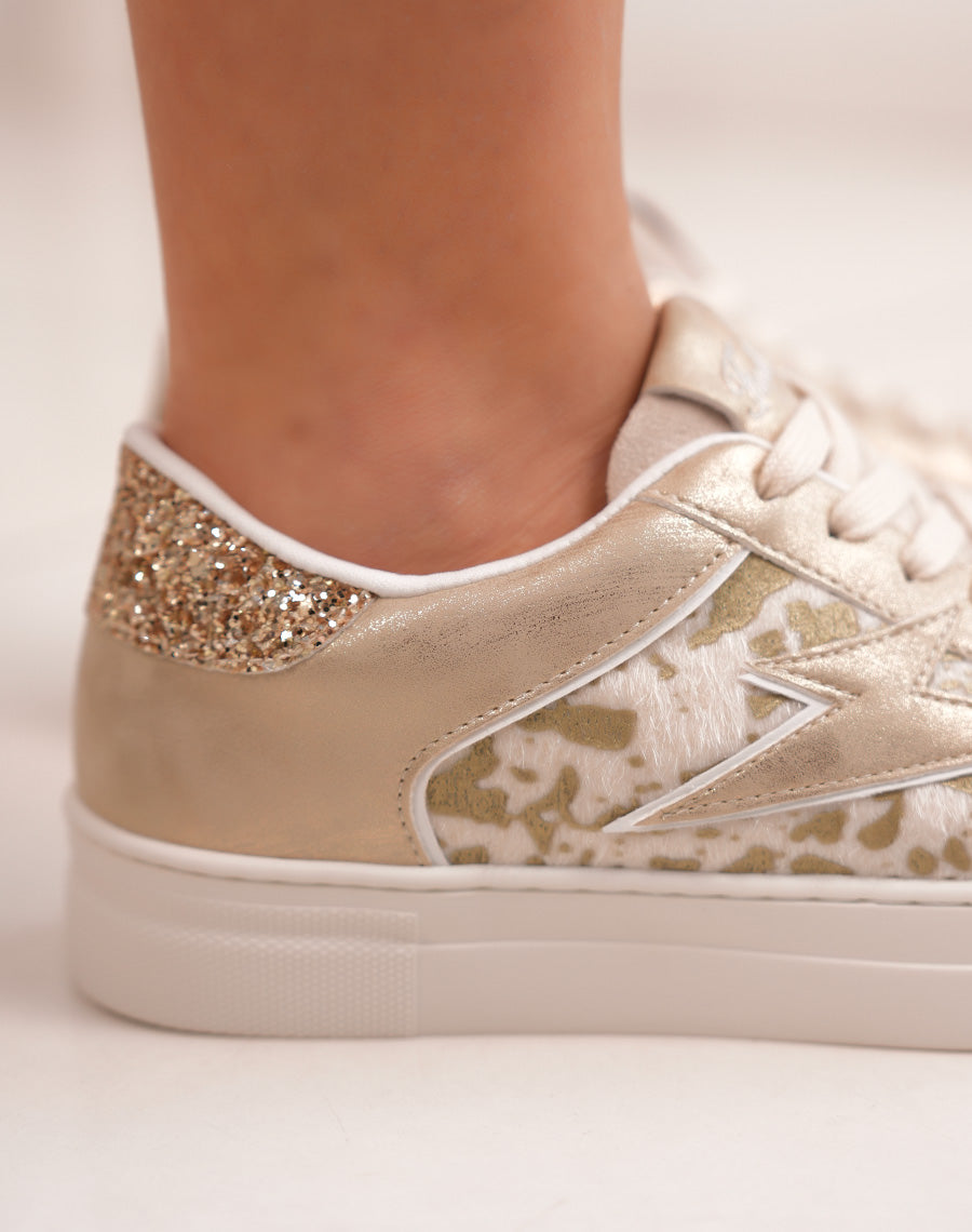 Baskets femme FINDLAY beige à empiècements dorés et effet vachette tendance